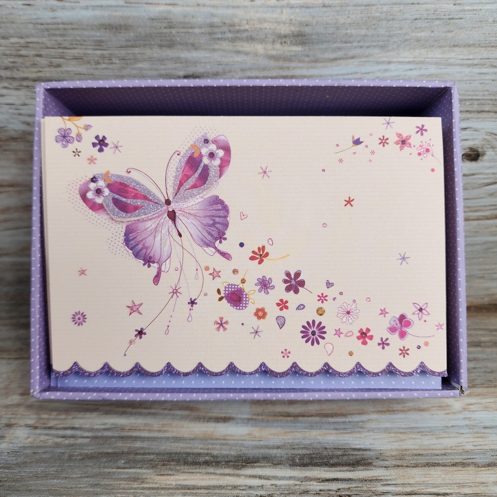 Papyrus Purple Butterfly Floral Note Cards Boxed Set 14ct Scalloped Edge 426310